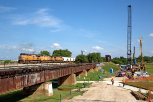 Construction of TEXRail track at Trinity River Crossing in Fort Worth, Texas