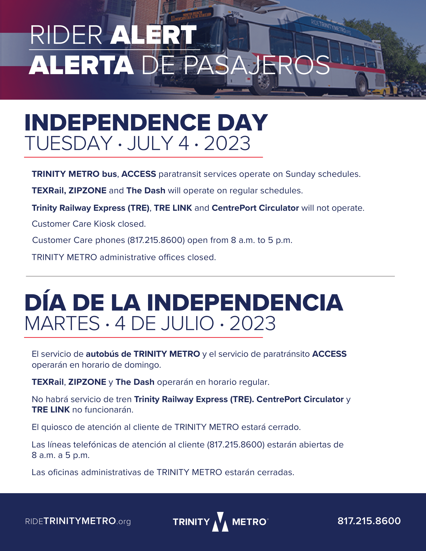 Rider Alert - Independence Day - 8.5 x 11 - English + Spanish